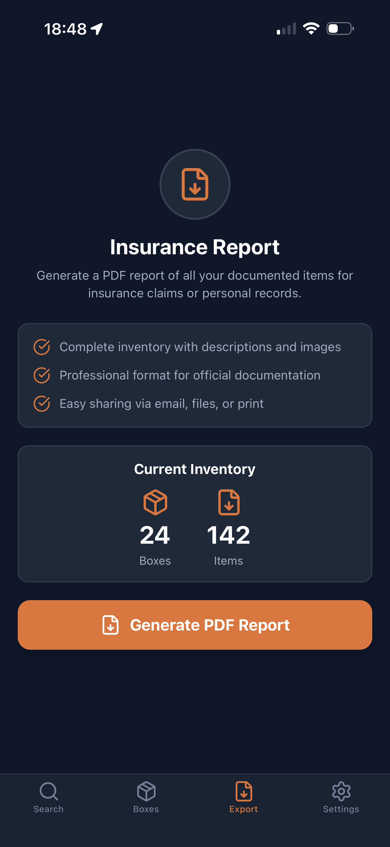 Insurance report export screen with Generate PDF Report button