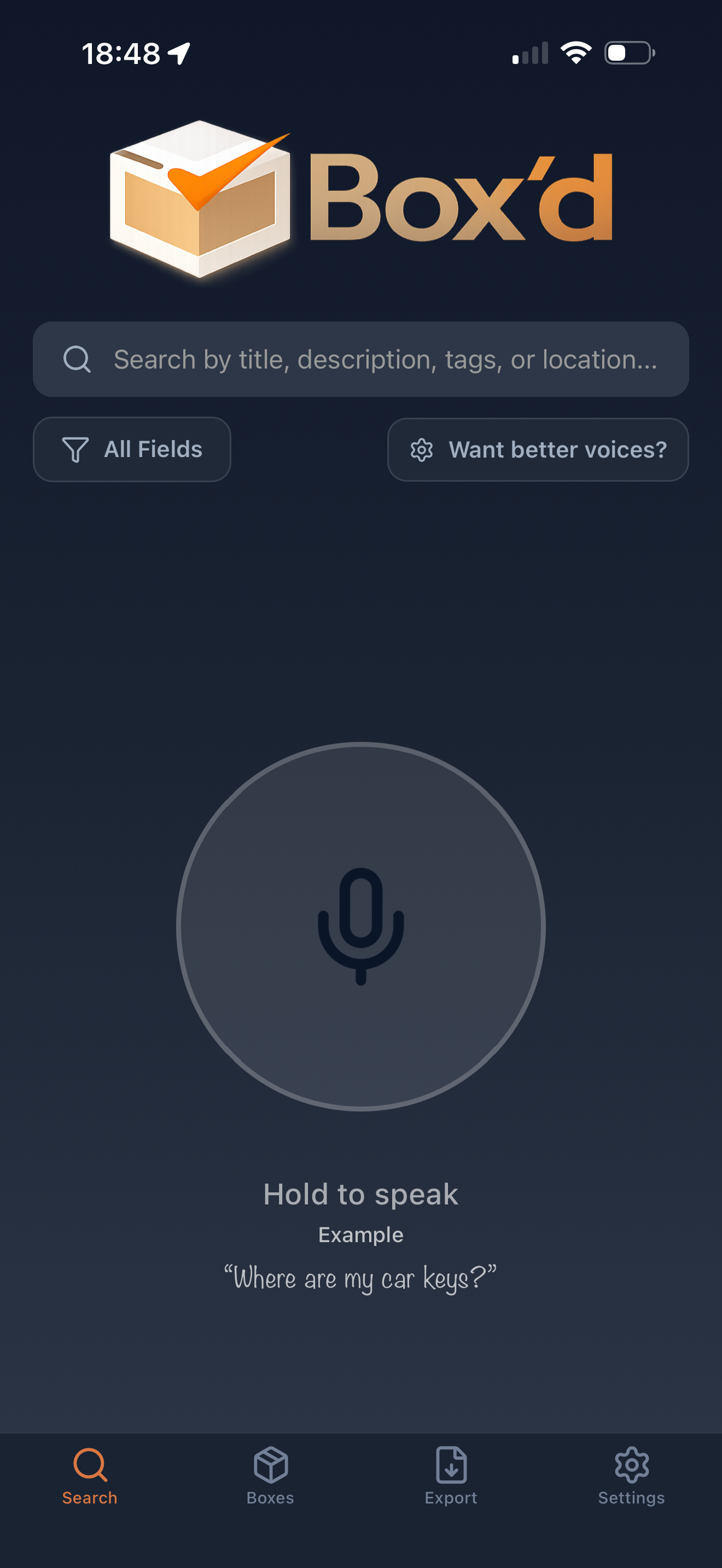 AI voice search page with hold-to-speak microphone interface