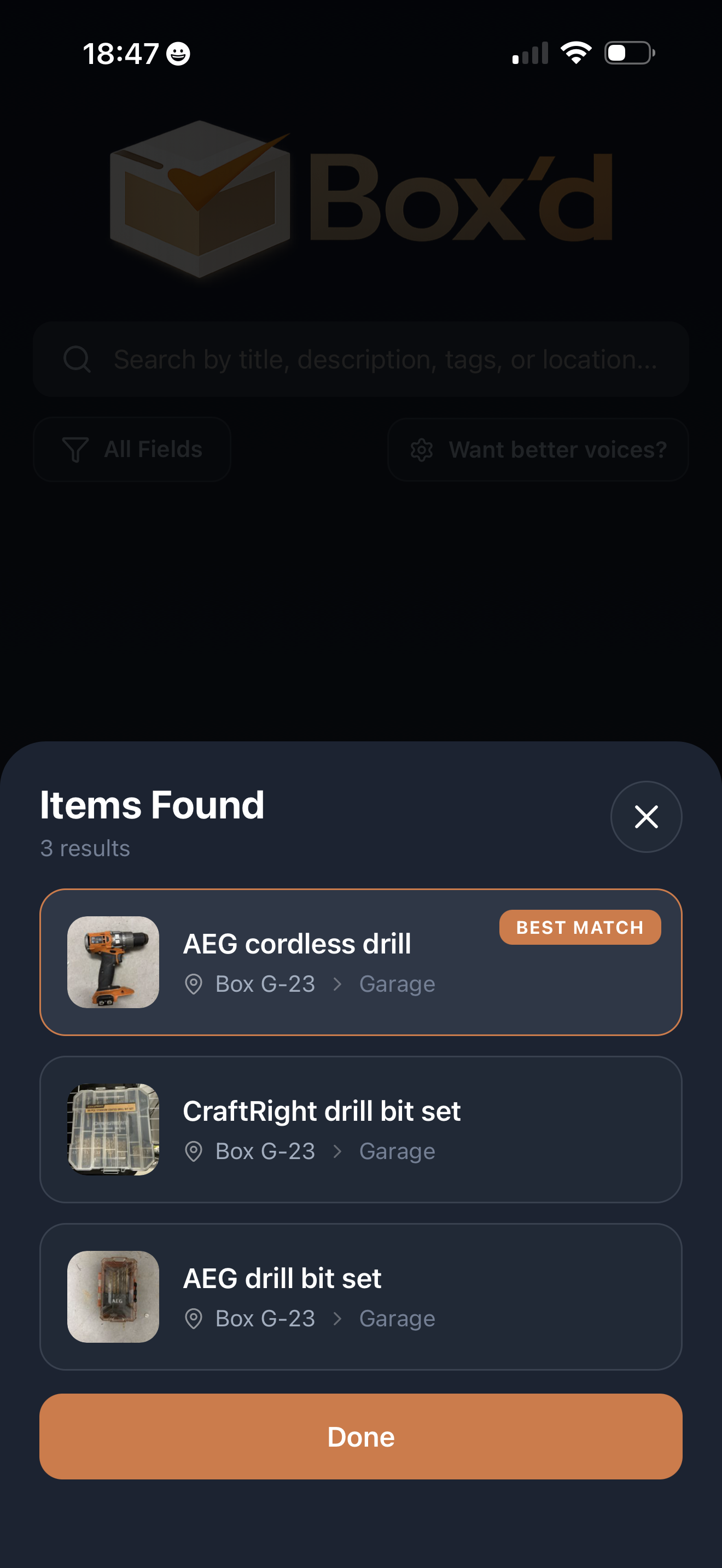 AI voice search results showing matched inventory items