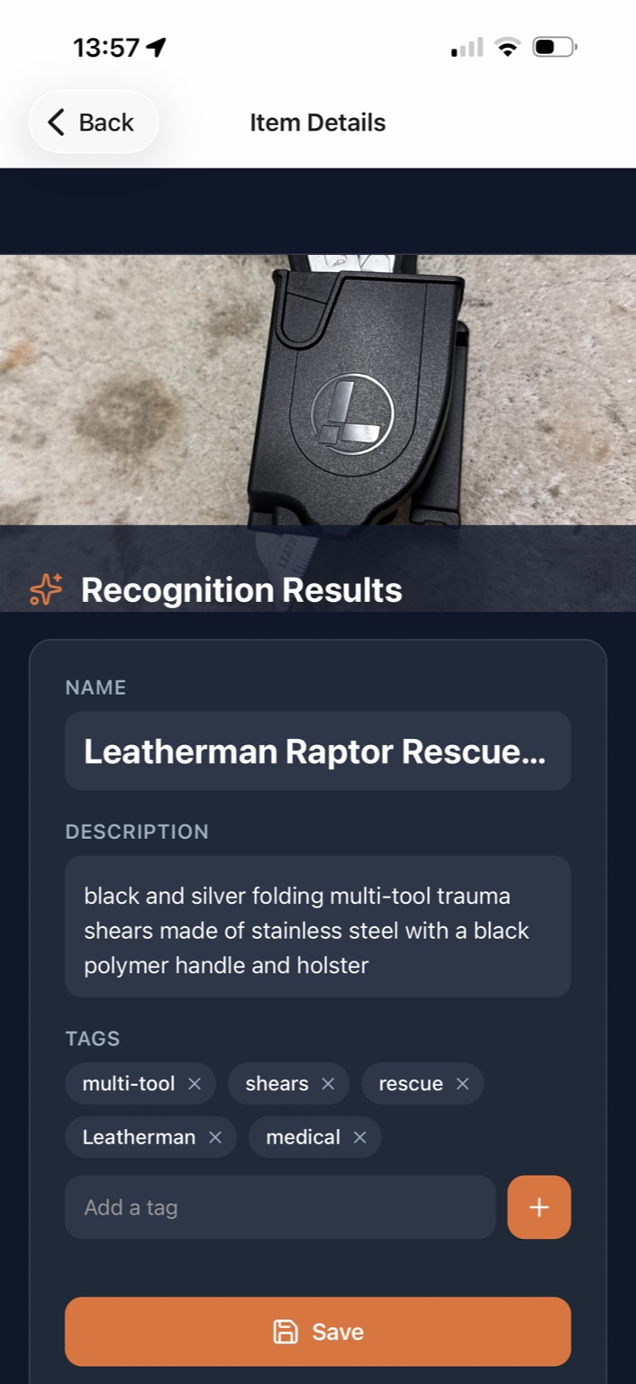 Recognition results showing Leatherman Raptor Rescue tool