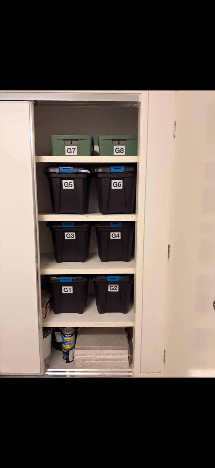 Storage shelf with labeled boxes